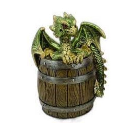 tirelire dragon vert sur tonneau