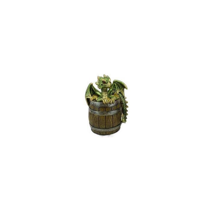 tirelire dragon vert sur tonneau