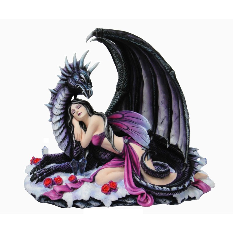 Fée allongée sur des fleures et son dragon noir