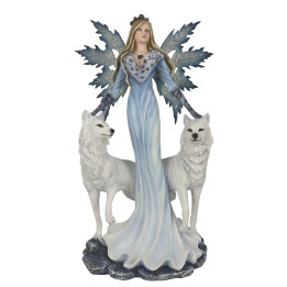 Fée reine des glaces bleu entourée de 2 loups blancs