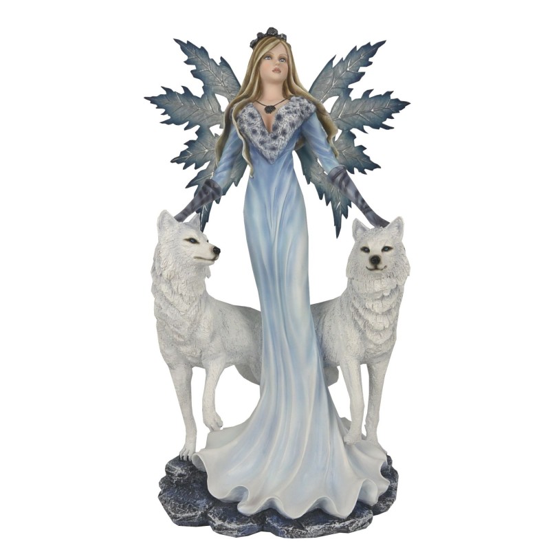 Fée reine des glaces bleu entourée de 2 loups blancs