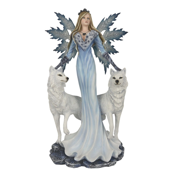 Fée reine des glaces bleu entourée de 2 loups blancs