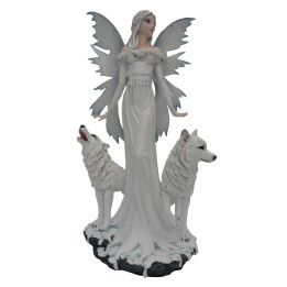 Fée reine des glaces blanche entourée de 2 loups blancs
