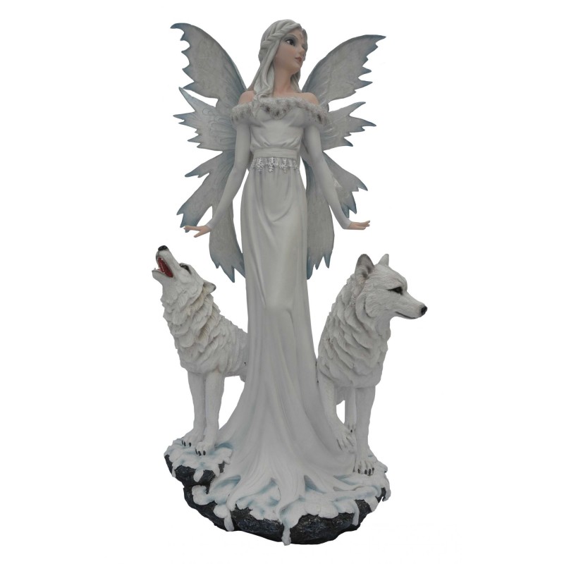 Fée reine des glaces blanche entourée de 2 loups blancs