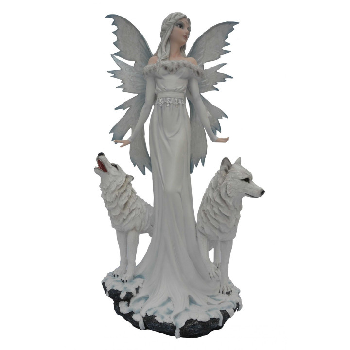 Fée reine des glaces blanche entourée de 2 loups blancs