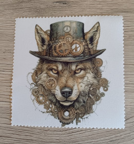 Lingette microfibre blanche avec illustration d'un loup coiffé d'un haut-de-forme et d'engrenages steampunk
