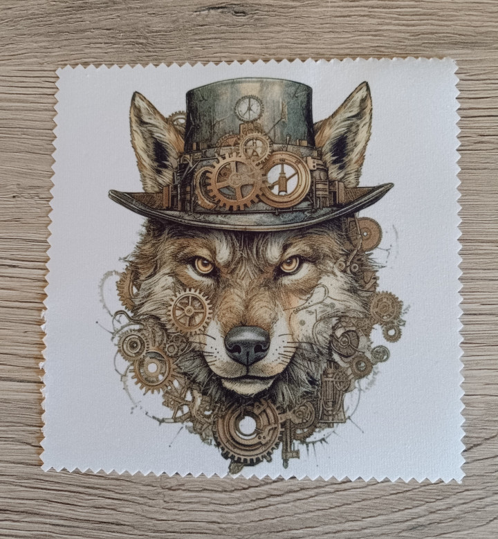 Lingette microfibre blanche avec illustration d'un loup coiffé d'un haut-de-forme et d'engrenages steampunk
