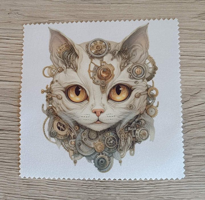 Lingette microfibre carrée ornée d'une tête de chat blanc parée d'engrenages et de rouages steampunk