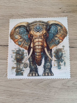 Lingette microfibre blanche ornée d'un éléphant mécanique steampunk aux rouages cuivrés et bleutés