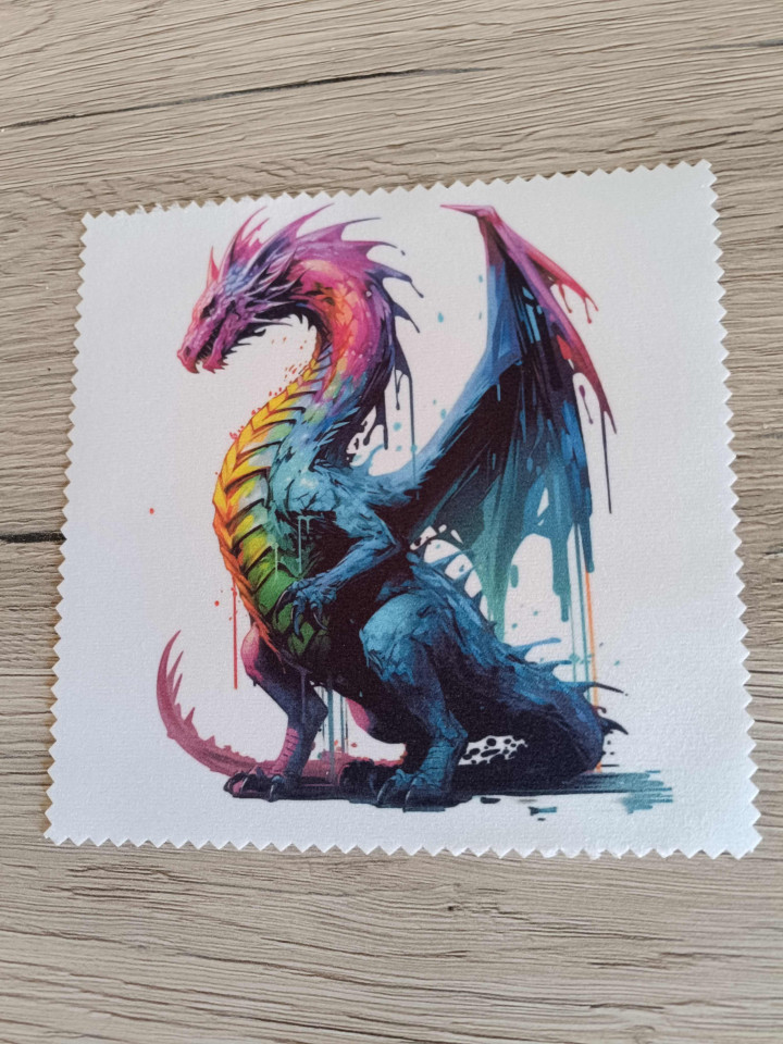 Lingette microfibre blanche avec motif de dragon ailé multicolore effet coulures de peinture