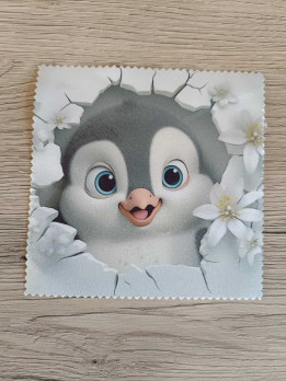 Lingette microfibre illustrée d'un bébé manchot souriant sortant d'une fissure entouré de fleurs blanches
