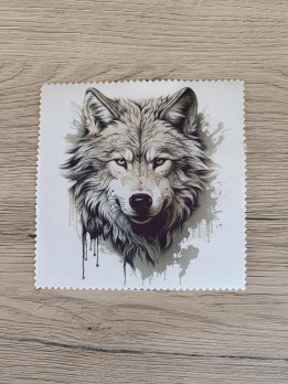 Lingette microfibre carrée à bords dentelés avec un dessin de tête de loup