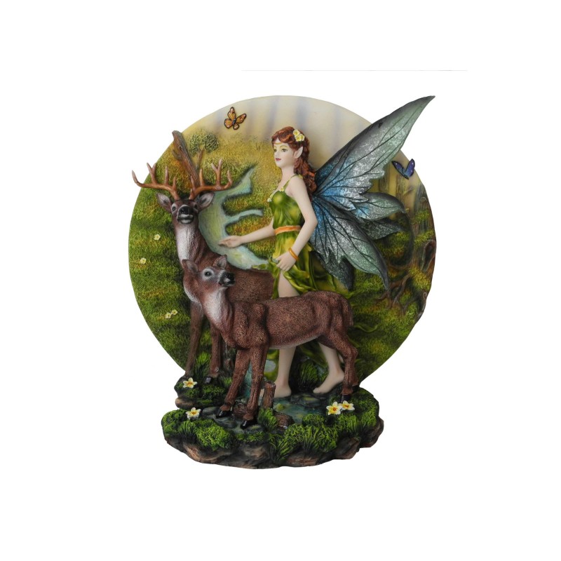 Statue ronde avec une fée son cerf et sa biche