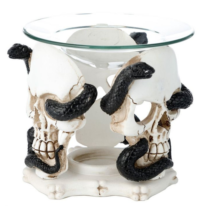 Brûleur à Huile & Fondant de Cire en Résine avec Coupelle en Verre - Crâne & Serpent
