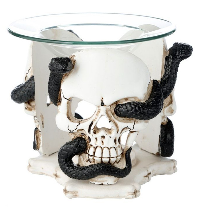 Brûleur à Huile & Fondant de Cire en Résine avec Coupelle en Verre - Crâne & Serpent