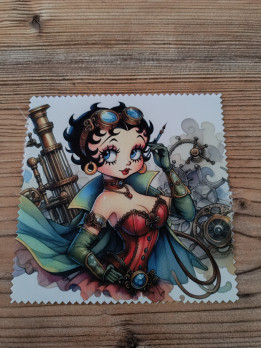Lingette microfibre illustrée d'une jeune femme rétro en corset et lunettes d'aviatrice entourée d'engrenages steampunk