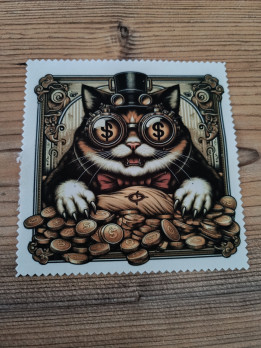 Lingette microfibre illustrée d'un chat steampunk avec lunettes, haut-de-forme et pièces d'or