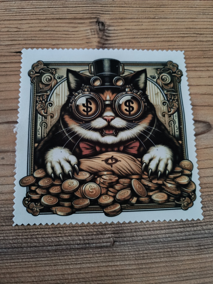 Lingette microfibre illustrée d'un chat steampunk avec lunettes, haut-de-forme et pièces d'or