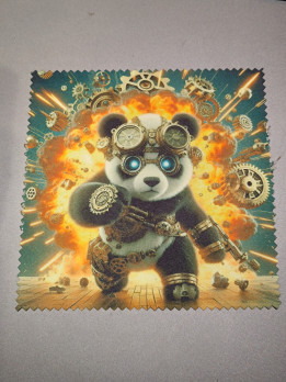 Lingette microfibre représentant un panda steampunk équipé de lunettes mécaniques devant une explosion d'engrenages