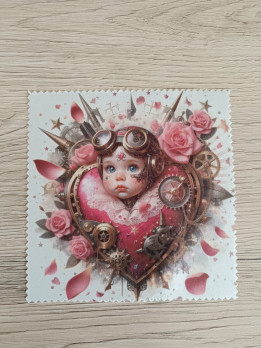 Lingette microfibre illustrée d'un visage aux lunettes d'aviateur dans un cœur mécanique entouré de roses