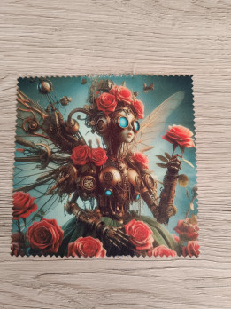 Lingette microfibre avec illustration d'une fée mécanique steampunk entourée de roses rouges