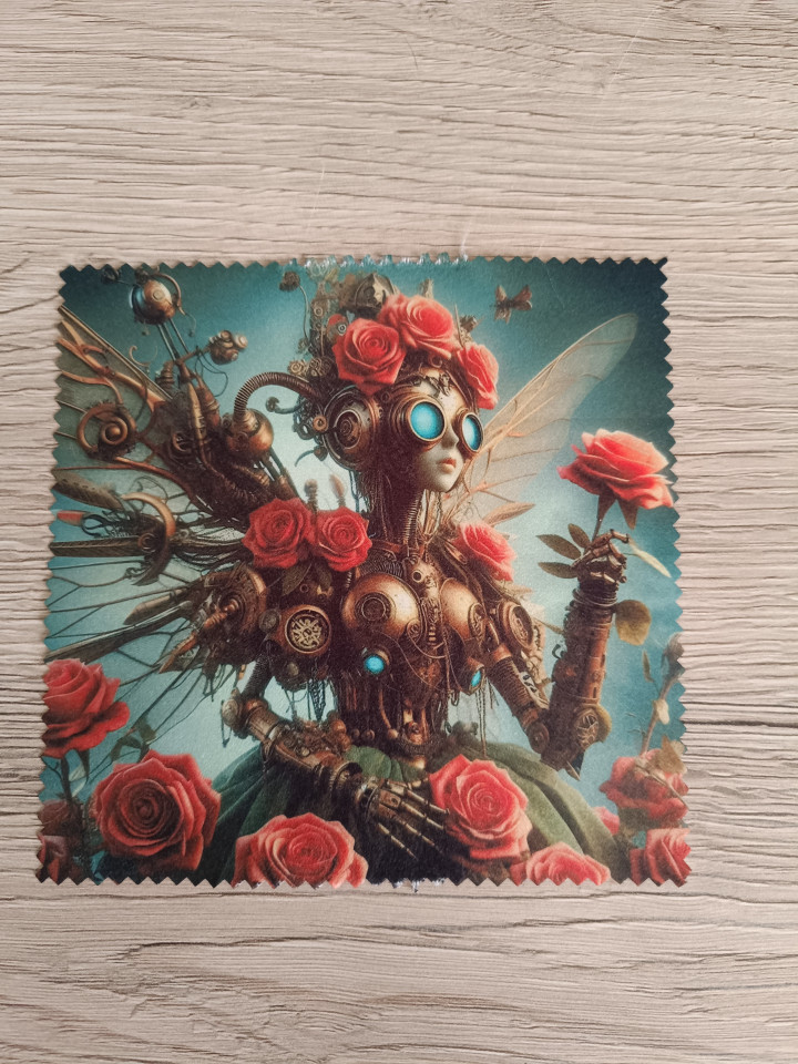 Lingette microfibre avec illustration d'une fée mécanique steampunk entourée de roses rouges