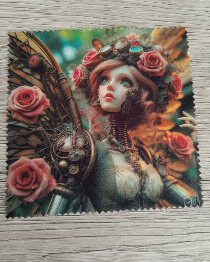 Lingette microfibre illustrée d'une poupée automate steampunk avec des rouages et des roses