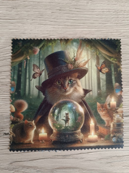 Lingette microfibre illustrée d'un chat magicien avec chapeau haut-de-forme et boule de cristal