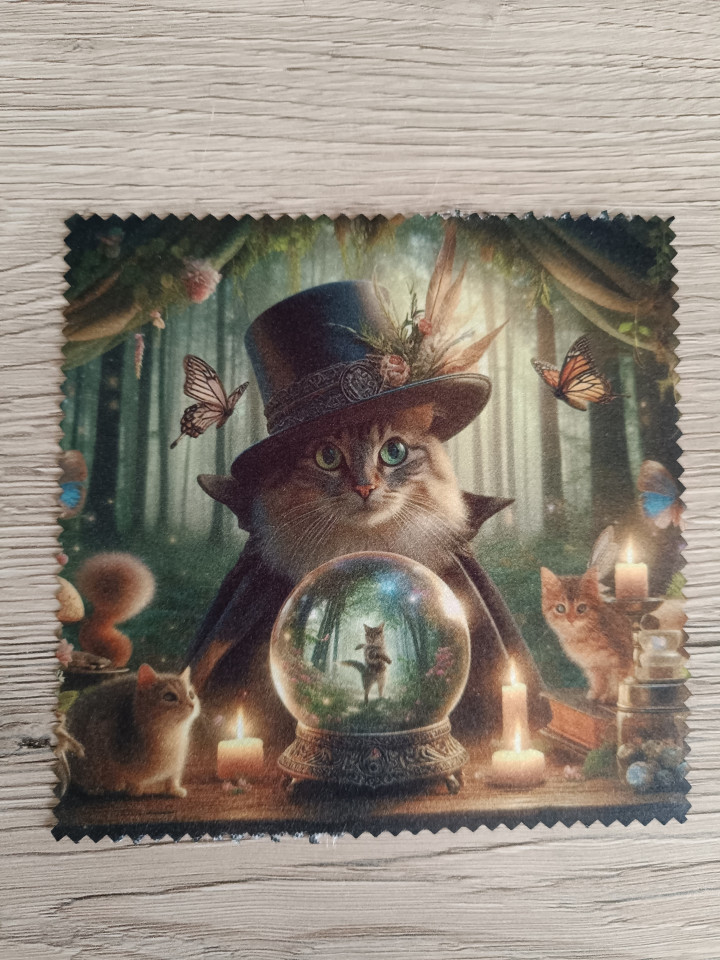 Lingette microfibre illustrée d'un chat magicien avec chapeau haut-de-forme et boule de cristal