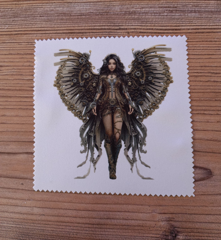 Lingette microfibre blanche ornée d'un personnage féminin aux ailes mécaniques steampunk