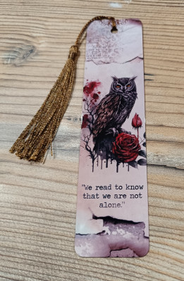 Marque-page avec illustration de hibou, rose rouge, citation et pompon doré