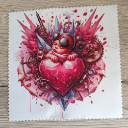 Lingette microfibre carrée avec illustration d'un bébé à lunettes d'aviateur sur un cœur rose entouré d'engrenages steampunk