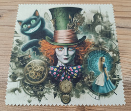 Lingette microfibre illustrée d'un personnage au chapeau haut-de-forme, d'un chat souriant et d'engrenages d'horlogerie