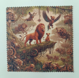 Lingette microfibre crantée illustrant un lion avec son lionceau au milieu d'animaux mécaniques et rouages steampunk