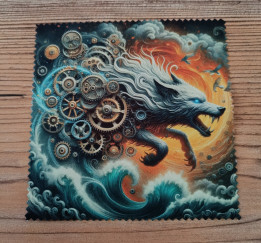 Lingette microfibre aux bords dentelés illustrant un loup mécanique entouré d'engrenages sautant au-dessus des vagues