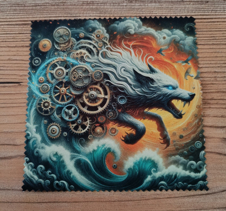 Lingette microfibre aux bords dentelés illustrant un loup mécanique entouré d'engrenages sautant au-dessus des vagues