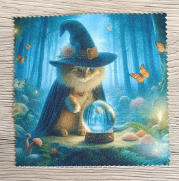 Lingette microfibre illustrée d'un petit chat sorcier observant une boule de cristal dans une forêt bleue