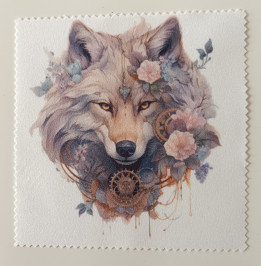 Lingette microfibre carrée avec illustration d'un loup entouré de fleurs et de rouages steampunk