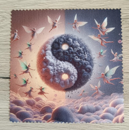 Lingette microfibre aux bords dentelés avec illustration de fées autour d'un Yin Yang céleste