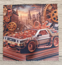 Lingette microfibre illustrée d'une voiture rétro modifiée avec des tuyaux de cuivre et des engrenages steampunk