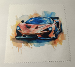 Lingette microfibre crantée ornée d'une voiture de sport orange style aquarelle