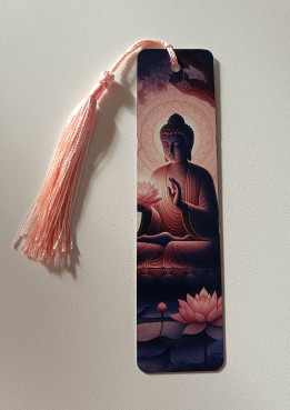 Marque-page illustré représentant un bouddha méditant avec fleurs de lotus et un pompon rose
