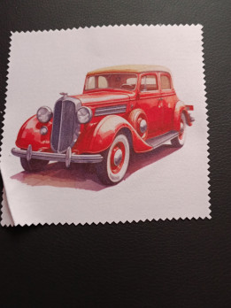 Lingette microfibre blanche aux bords crantés illustrée d'une voiture rétro rouge