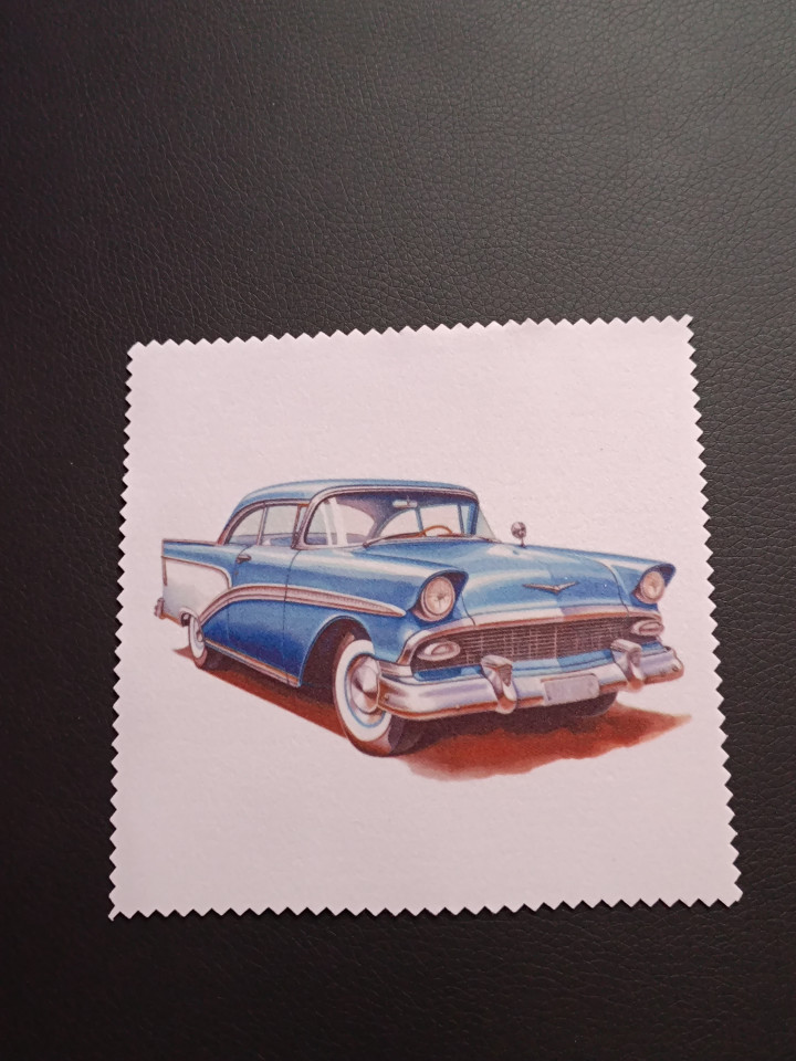 Lingette microfibre blanche ornée d'une illustration de voiture vintage américaine bleue et blanche