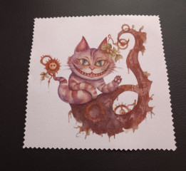 Lingette microfibre blanche crantée illustrée d'un chat rayé au large sourire assis sur une branche avec rouages