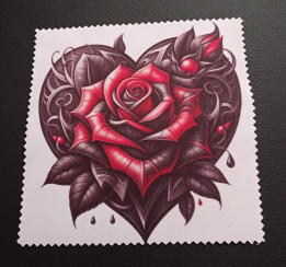 Lingette microfibre blanche à bords crantés ornée d'une rose rouge dans un cœur gothique aux tiges épineuses