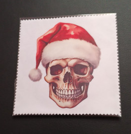 Lingette microfibre blanche avec illustration d'un crâne portant un bonnet de Noël rouge
