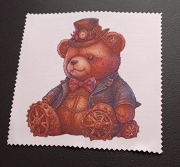 Lingette microfibre blanche crantée illustrée d'un ours en peluche steampunk avec haut-de-forme et rouages