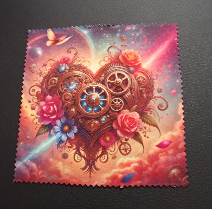 Lingette microfibre ornée d'un cœur mécanique steampunk avec engrenages et fleurs colorées