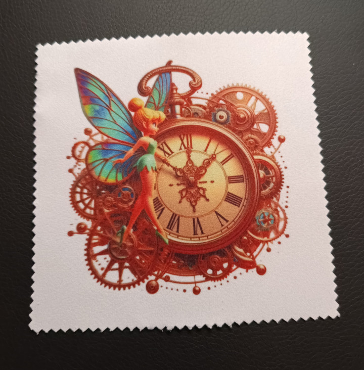 Lingette microfibre carrée à bords dentelés avec motif de petite fée et horloge à engrenages steampunk
